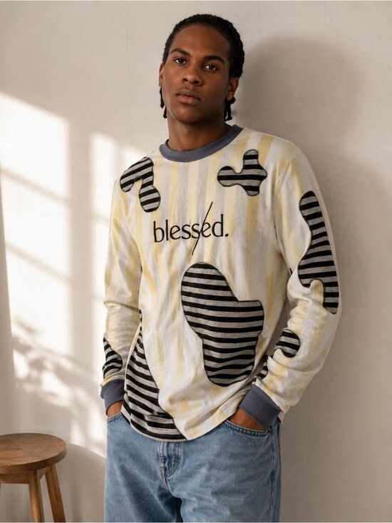 the hideout clothing Other - The Hideout Clothing Yellow White Striped BLESSED Mixed Media Long Sleeve Shirt